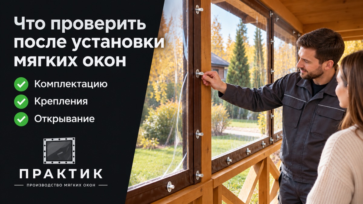 Проверка мягких окон после установки: монтажник показывает клиентке крепления полотна на террасе