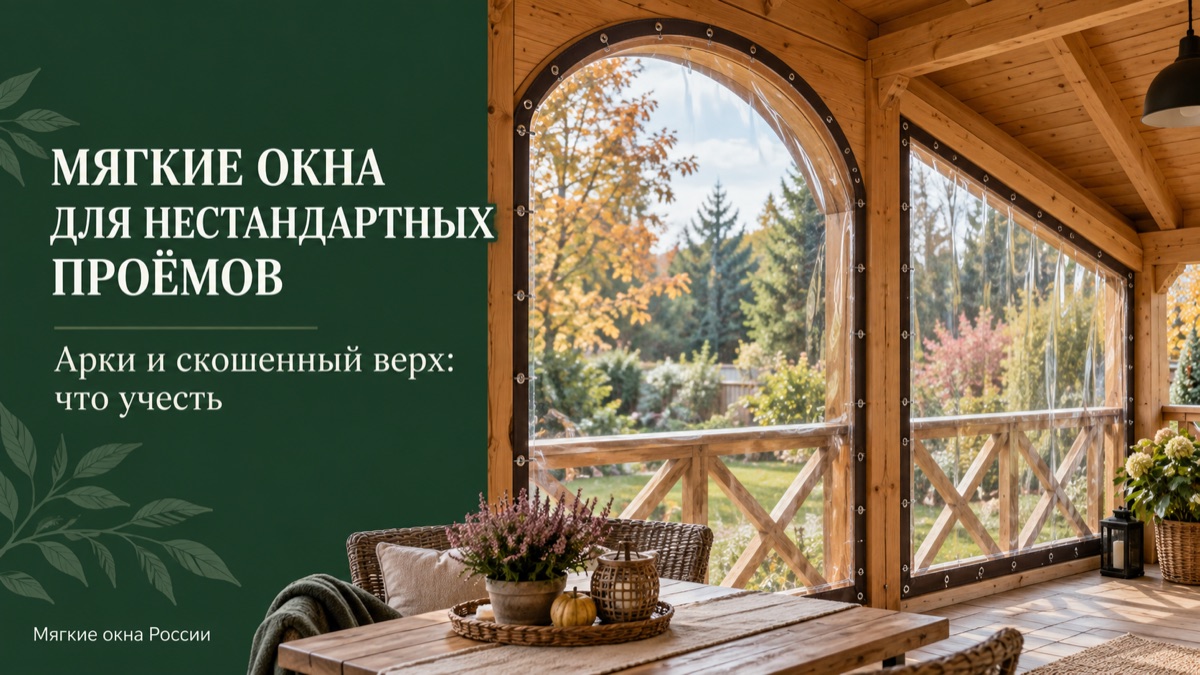 Мягкое окно с арочным верхом на деревянной веранде: прозрачная плёнка в закруглённом проёме, вид на осенний сад