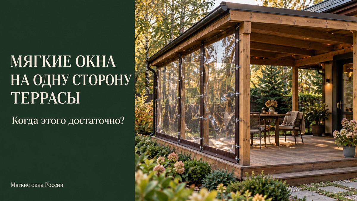 Деревянная терраса, у которой мягкими окнами закрыта одна боковая сторона; внутри стол и кресла, вокруг сад