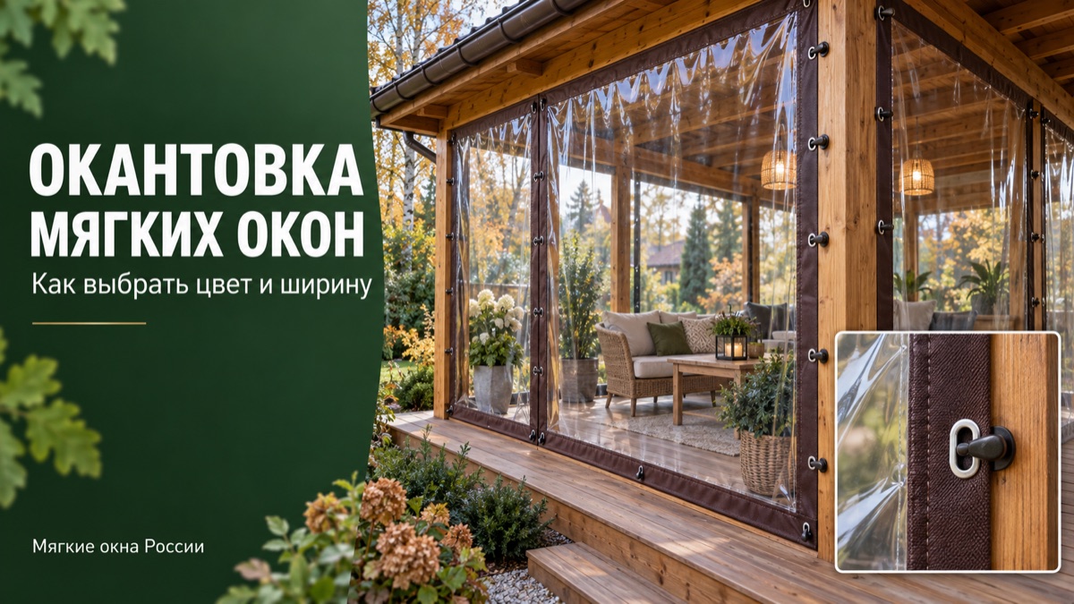 Мягкие окна на деревянной террасе с коричневой окантовкой и поворотным креплением, крупный план канта