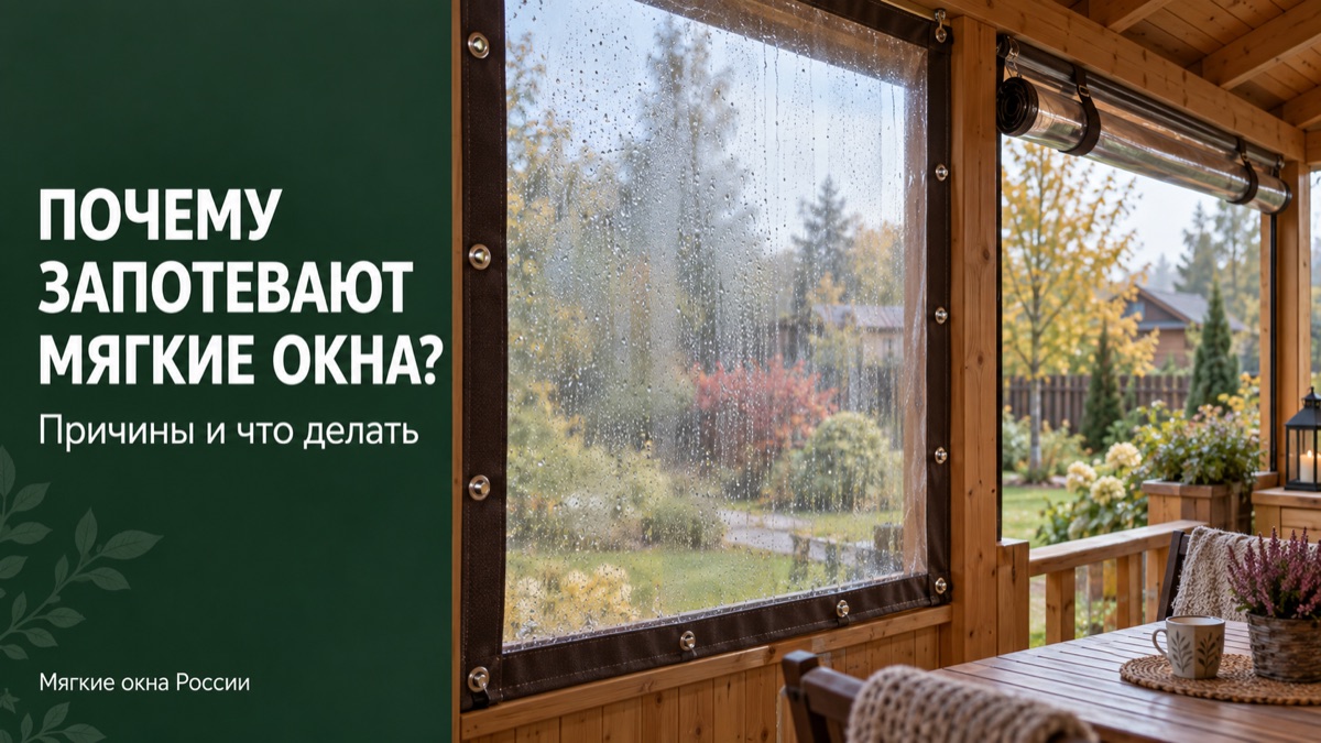 Запотевшие мягкие окна на деревянной веранде осенью: капли конденсата на прозрачной ПВХ-плёнке