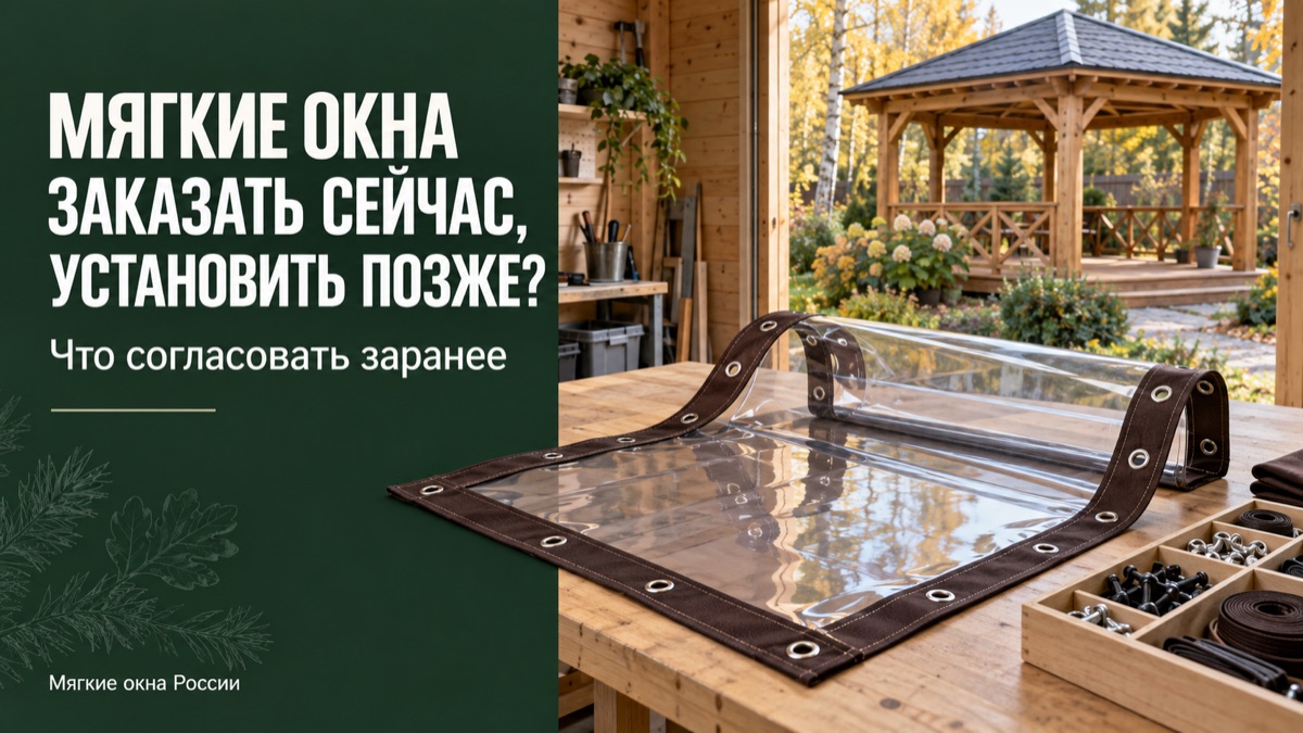 Готовое мягкое окно, свёрнутое в рулон, с окантовкой и люверсами на столе рядом с крепежом — заказ до установки