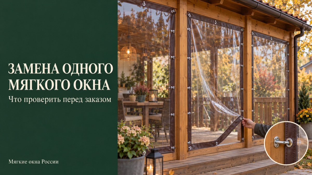 Веранда с мягкими окнами, одна секция снята для замены повреждённого полотна; видны крепления на каркасе